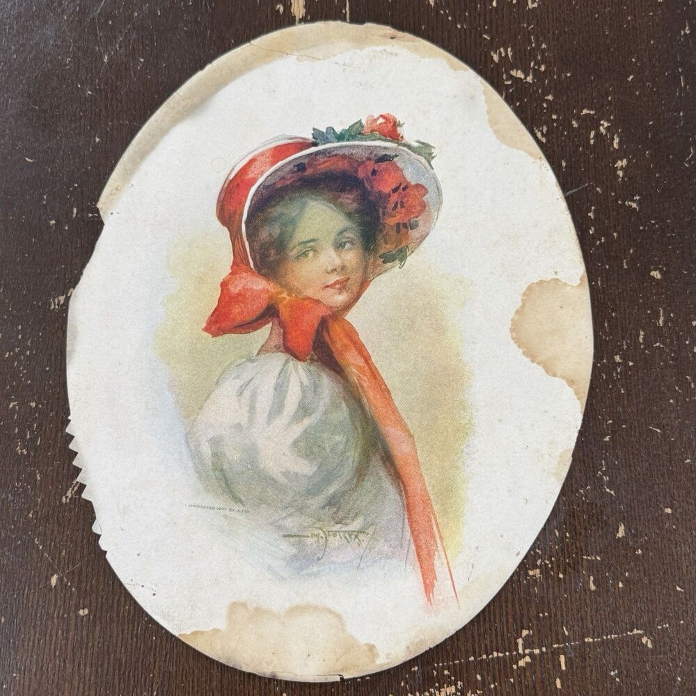 1907 Art Print A. Fox 8x10 Oval Paper Lithograph Edwardian Woman Pretty Girl Srs